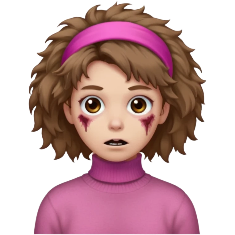 brown fluffy haired zombie with pink turtleneck sweater and hair band emoji