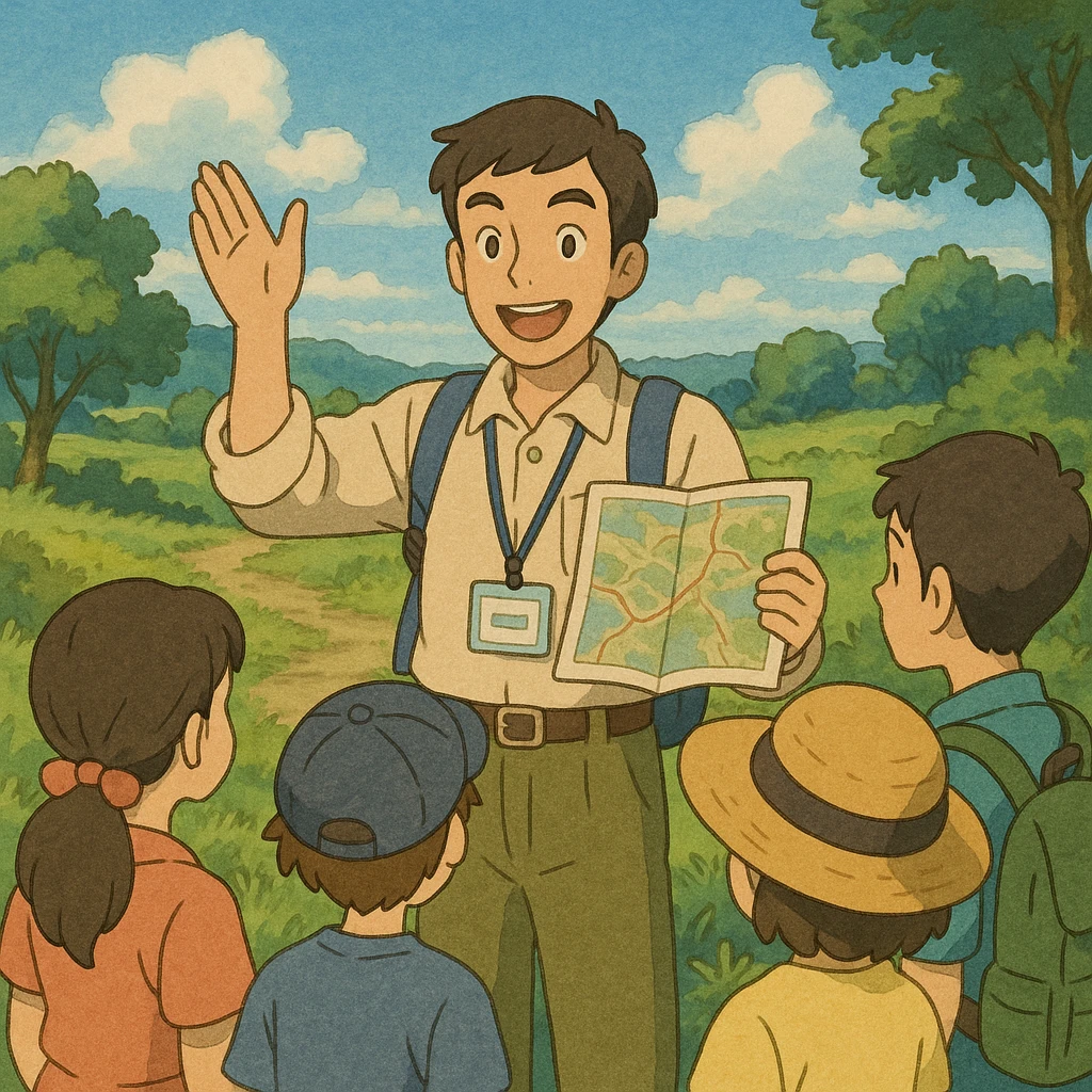 ghibli style illustration of a travel guide speaking to a group outdoors emoji
