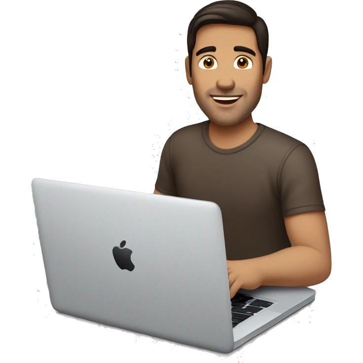 a man typing on a mac book pro with dark brown hair and haisle brown eyes emoji