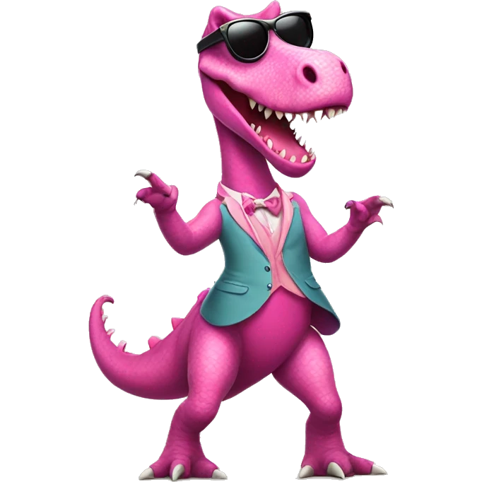 Dancing dinosaur with a pink coquette and sunglasses wearing a skirt emoji