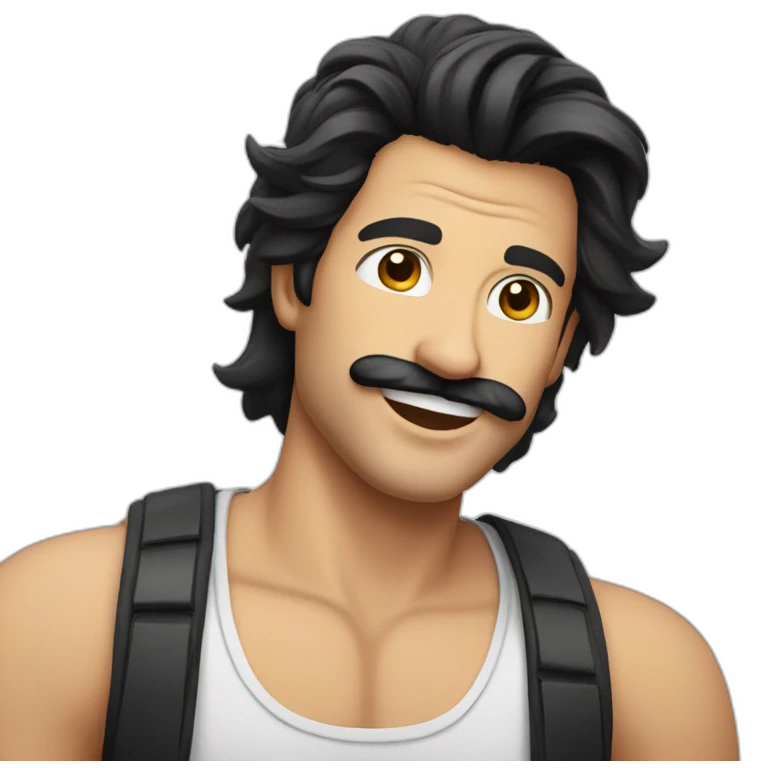 HAPPY MAN WITH MUSTACHE, stubble AND LONG BLACK HAIR AND WHITE TANK TOP emoji