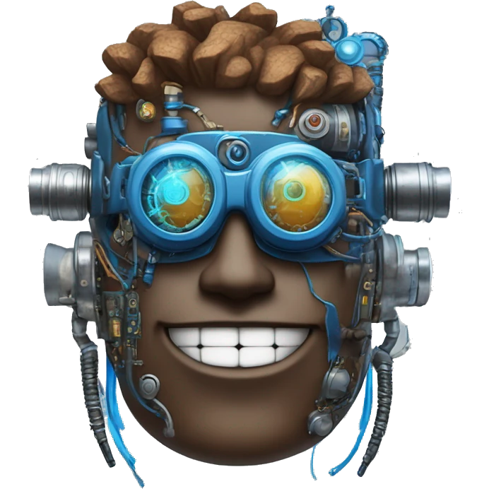 Brown cyborg head with blue Mohawk, blue beard, silver steampunk monocle goggles a smile and circuits emoji