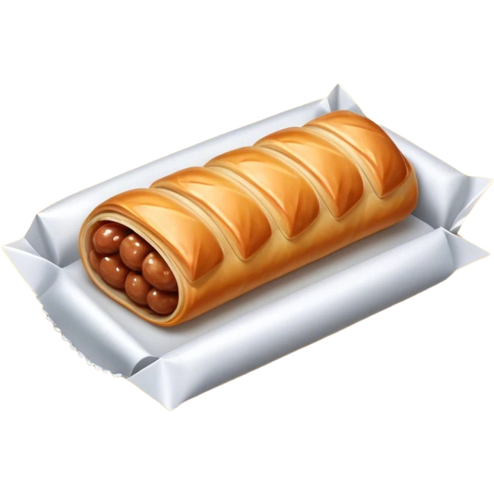 cinematic-realistic-sausage-roll-dish-emoji,-depicted-with-a-crisp,-golden-pastry-wrapped-around-flavorful-sausage,-rendered-with-detailed-textures-wrapped ina. plastic wrapper unrapped - and-appetizing-lighting emoji