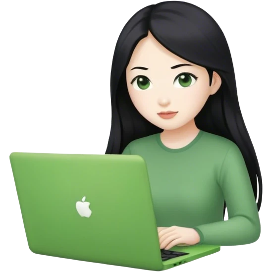 Long hair asian woman working on green laptop emoji