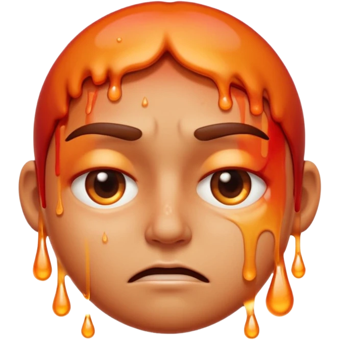 Apple-style emoji illustration of a person melted, overheated face with sweat drops, half-closed exhausted eyes, annoyed or angry expression, warm orange and red tones, soft 3D emoji style, smooth gradients, rounded shapes, centered composition. emoji