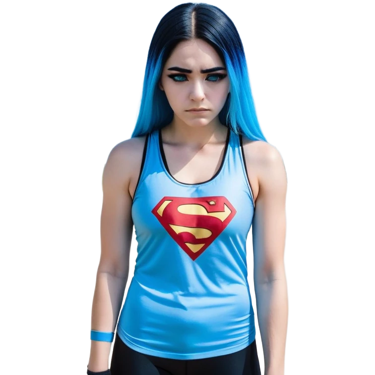 Shameful disappointed crying-very very very very big chest-texting on a samsung cell phone-very long straight flowing black to sky blue hair ombre-blue eyes-black eyeliner-long eyelashes-plastic sparkling sky blue very low cut tank top with sparkling superman logo-black leggings-nike sneakers emoji