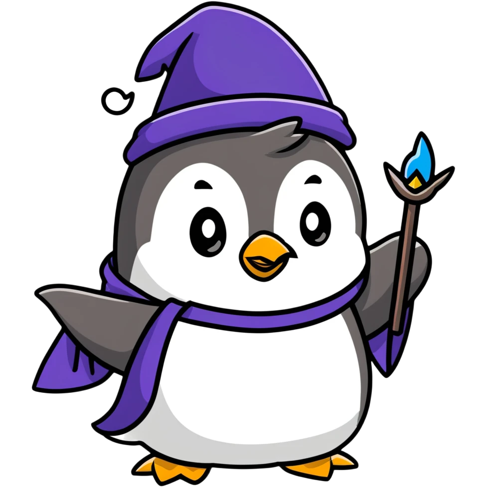 cartoonish penguin wizard casting a spell emoji