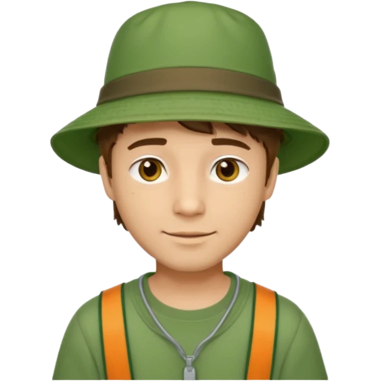 A light-skinned man with short brown hair, golden-brown eyes, and a soft smile, wearing a wide-brimmed green bucket hat. emoji