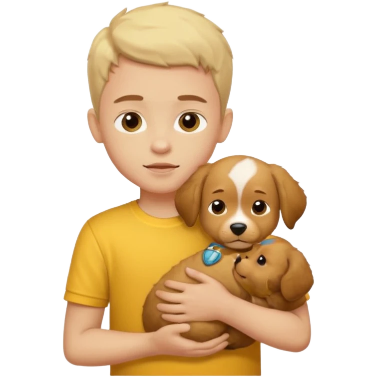 ["Light-skinned boy in yellow shirt, cradling a puppy."] emoji