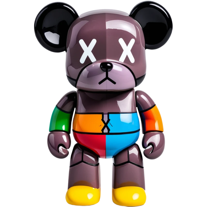 Bearbrick figure with classic KAWS crossed-out X eyes, colorful bear-shaped collectible toy with articulated limbs emoji
