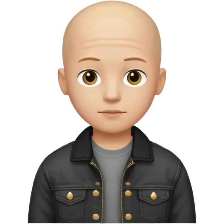  a boy with bald head, black jeans jacket, plain forehead emoji