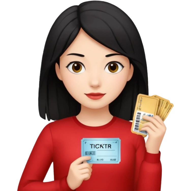 A girl with a bunch black of hair, wearing a red long-sleeved shirt and holding theater tickets emoji