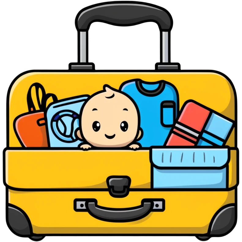 Baby travel suitcase with baby items peeking out emoji