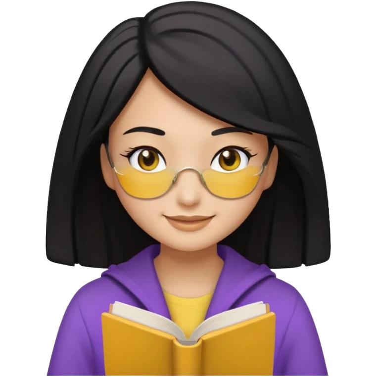 검정머리에 책읽고있는 여자. 해줘. 그리고 그 책으로 얼굴 반은 가린듯한 머리는 약간 파마 앞머리 없고 그리고 너무 무섭게 말고 책 읽는다고 얼굴 반은 가린듯한 책은 흰색에 보라색 노란색 섞여있고. 약간 미소 옷은 흰색. 아이폰 이모티콘 형태로 부탁 emoji