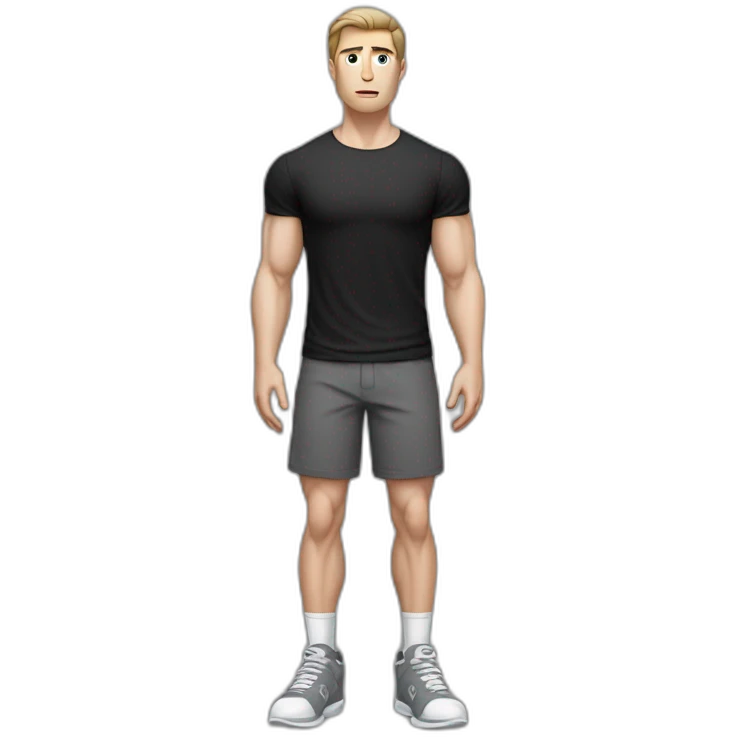Confused Pale skinned Fit Man With the biceps and dark brown hair in black shirt, gray sports shorts and white Sneakers emoji