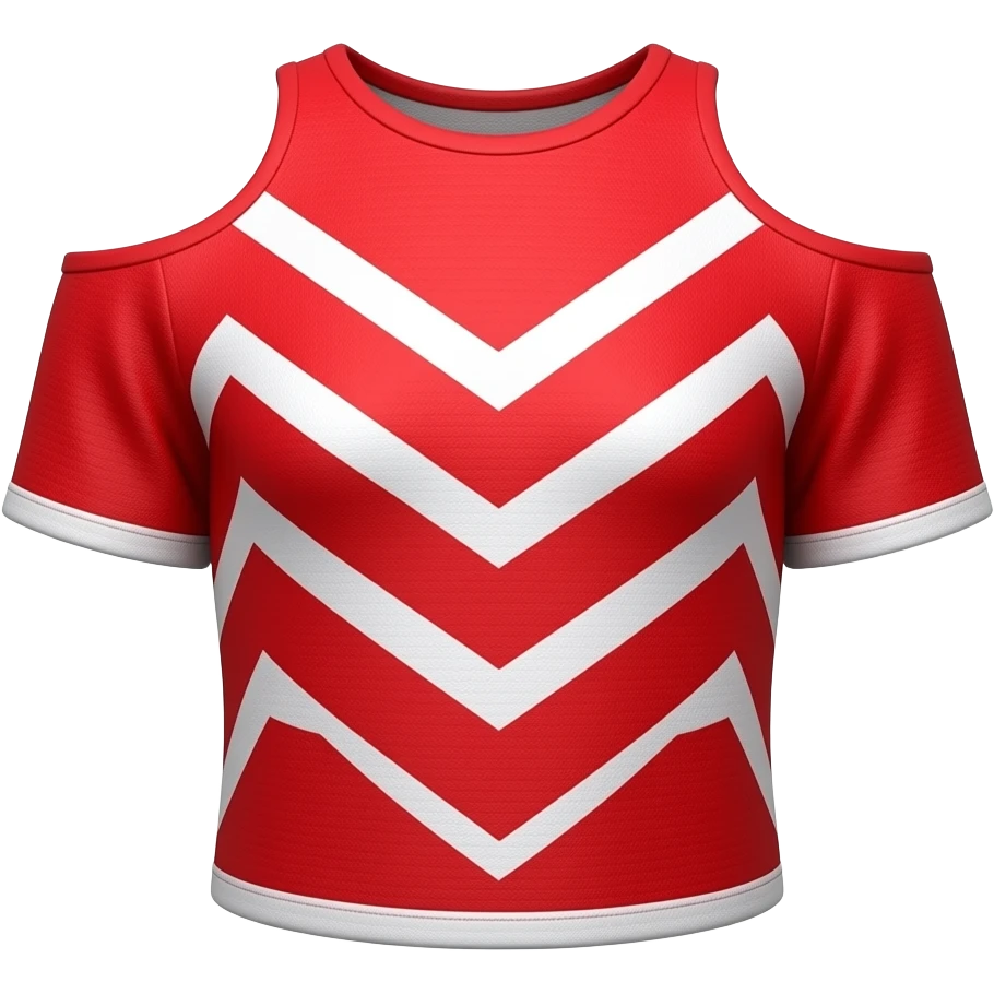 Isolated red off-shoulder collarless top, bright red color with white diagonal chevron stripes pattern, no collar, no straps, no sleeves, low-cut neckline exposing shoulders, white trim at the bottom, cute cartoon style, clean 3D render,, front view centered emoji