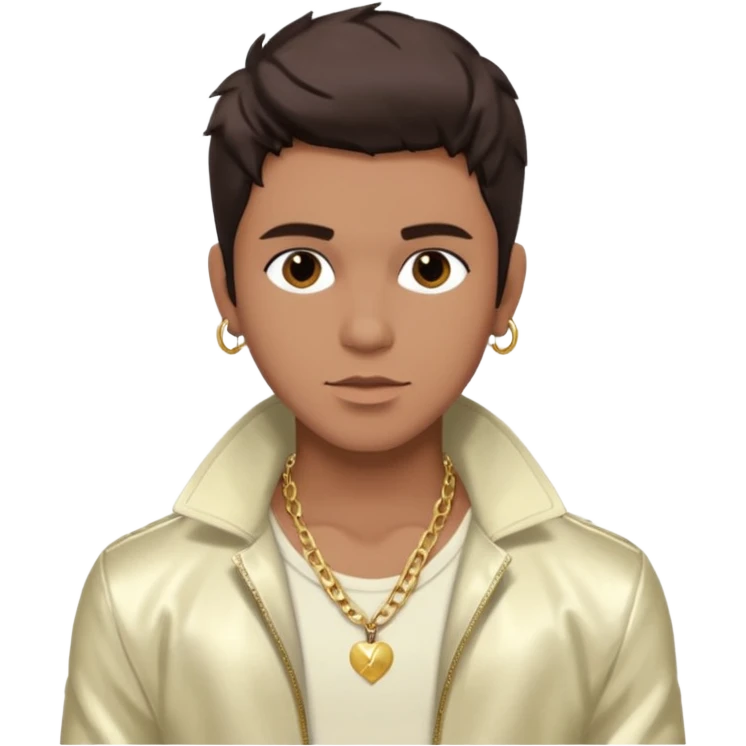 Frankie Zulferino, Pop Singer (b.1990) with dark brown hair, ivory metallic jacket, shirtless with necklace emoji
