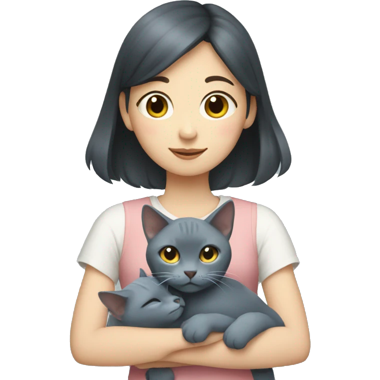 Japanese girl holding Two Russian Blue cats emoji