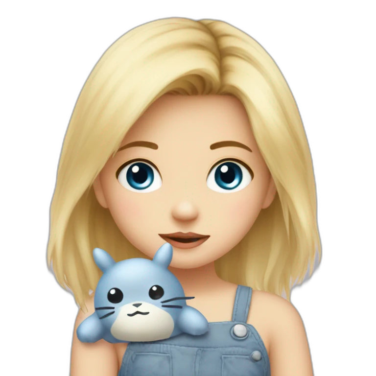bébé fille blonde décoiffée aux yeux bleus avec une peluche Totoro  emoji