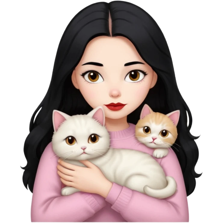Beautiful Girl Long Hair black, Brows Big , Skin White, Sweater Pale Pink , Big Red Lips, Eyes Brown, Hug Little baby Persa Cream Cat With Cute Eyes emoji