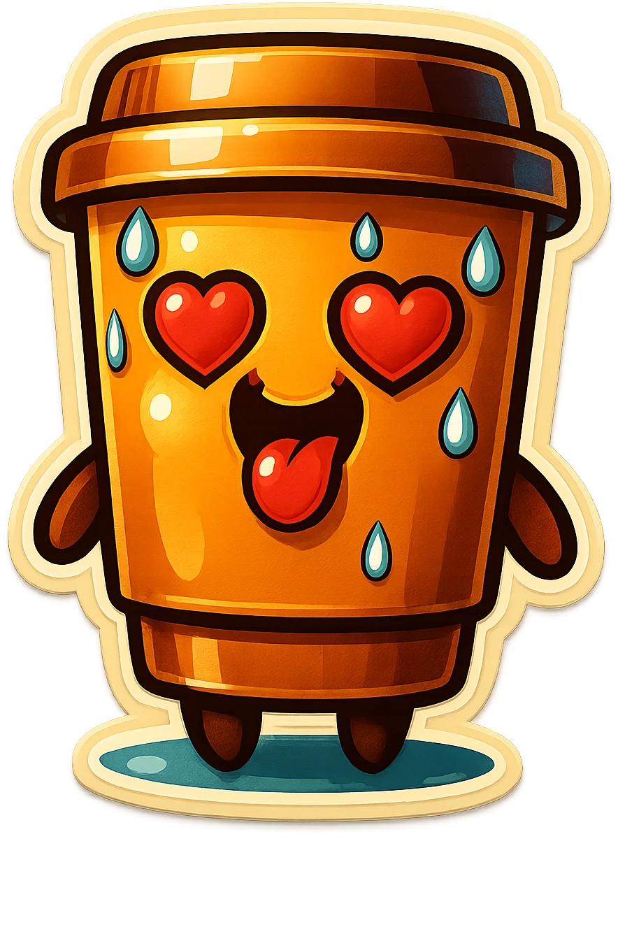 Tall coffee cup, sweating, mouth open, heart eyes, tongue on ground emoji