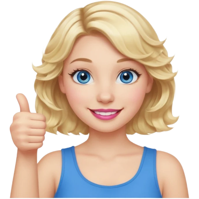 Girl Blonde short wavy hair,  blue eyes, cute blue top, long lashes, pink lips, smiling, 👍🏻 emoji
