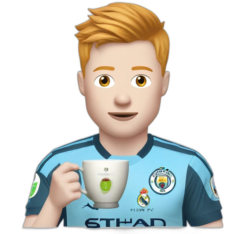 Kevin de Bruyne with a shirt of Manchester City drinking tea with a cup of Real Madrid  emoji