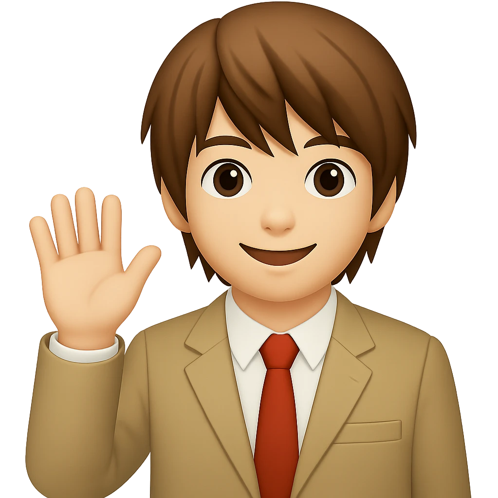 Create an image of Light Yagami from Death Note in the style of apple emojis. He has brown hair and is wearing a school uniform. He is waving with one hand and has a friendly expression. emoji