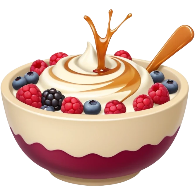 White swirl of yogurt in a beige bowl with mixed berries and caramel syrup  emoji