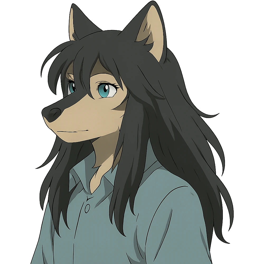 anime style wolf furry character with blue eyes, long black hair, wearing a light blue shirt emoji