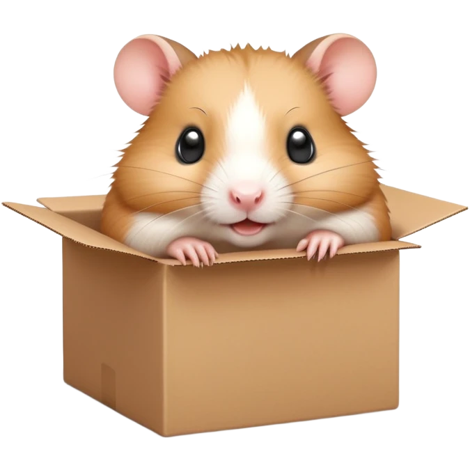  A very cute young  hamster  with one's head tilted to one side poked its paws out of the cardboard big box and placed them on top of it emoji