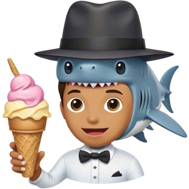 A person having a shark as their head while wearing a tophat and holding an ice cream emoji