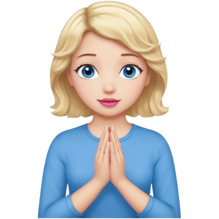 Girl Blonde short wavy hair,  blue eyes, cute blue top, long lashes, pink lips, praying hands emoji
