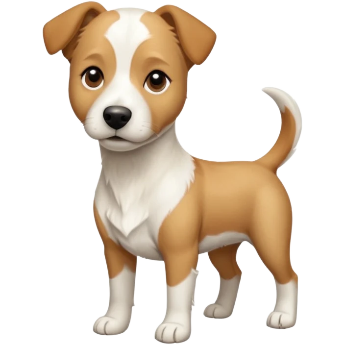 a full body facing front on of a buff white beagle cross jack russell terrier looking dog the size of a kelpie with light brown long ears resting on its face and a light brown patch above one eye and a large snout. the rest of the dog is completely white.  emoji