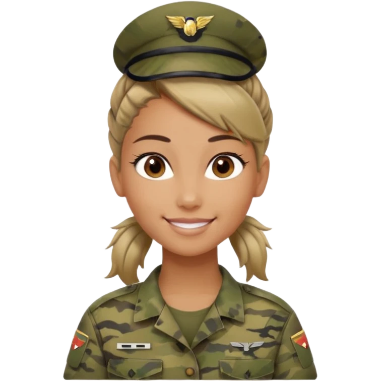 Apple-style emoji: female soldier, bust, no cap/helmet, friendly smile, generic camo top, hair in bun, soft gradients emoji