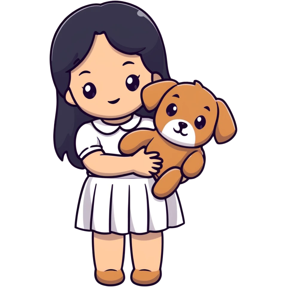 A beautiful girl with long straight black hair wearing a white skirt holding a small brown curly teddy dog emoji