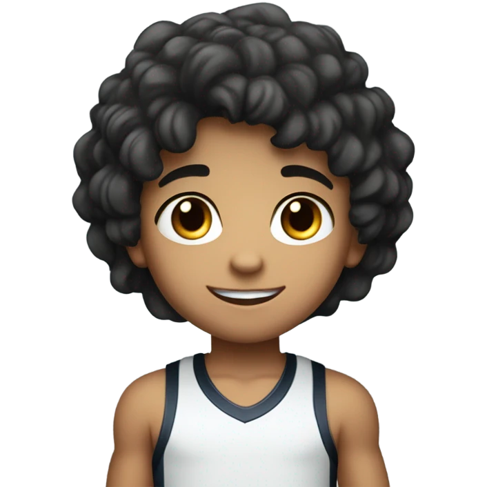 a beautiful pretty young 5 year old boy that looks super cute with dark eyes and dark hair and is wearing a sporty but simple outfit since he loves sports emoji