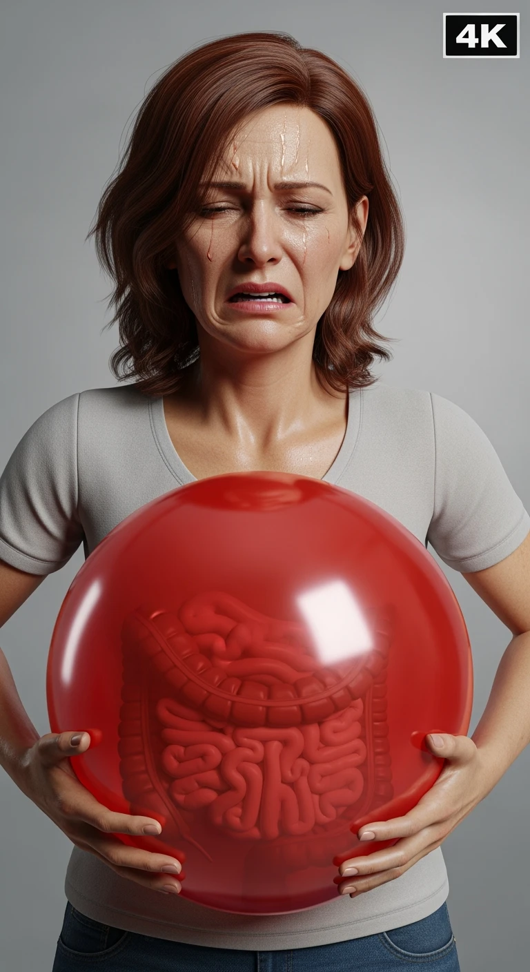 DONNA CON MAL DI PANCIA E INTESTINO CHIUSO IN UN PALLONCINO ROSSO, ESPRESSIONE DI DOLORE IN VOLTO, IPERREALISTICA 4K emoji