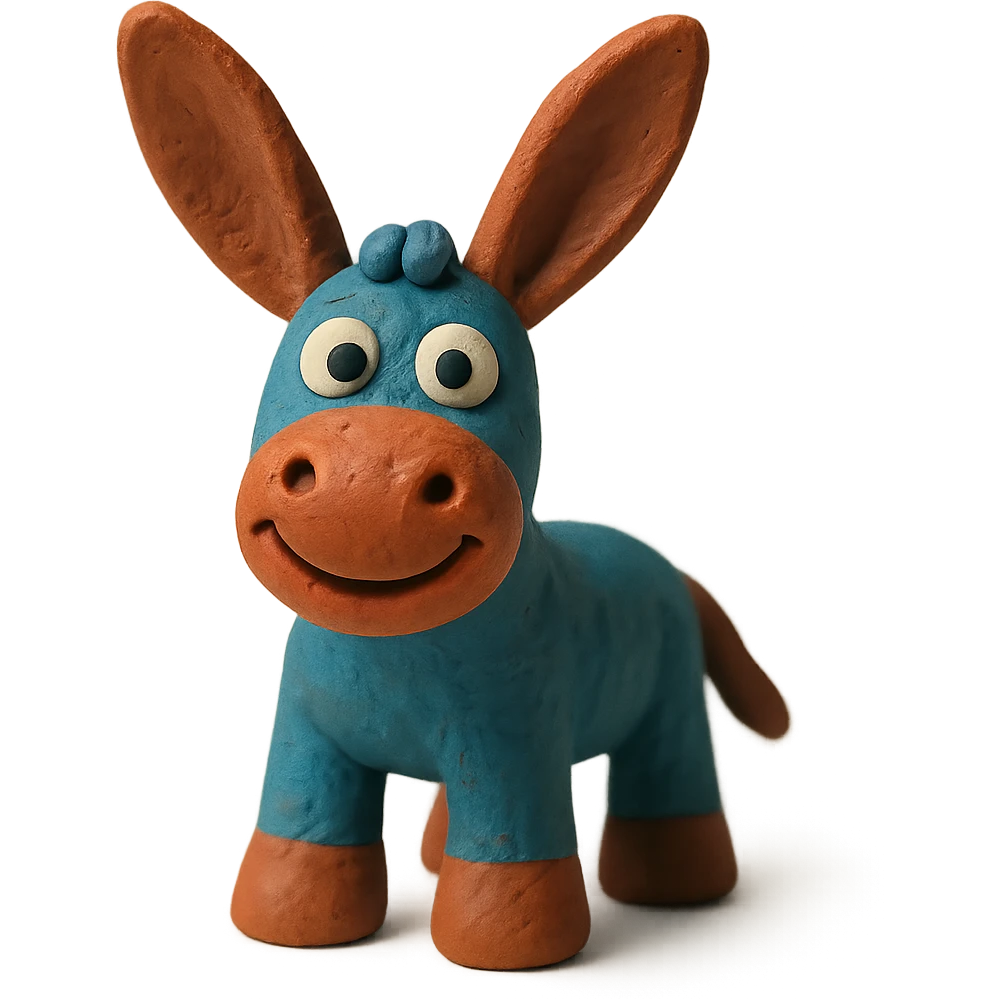 donkey with big ears, smiling, soft lighting, vibrant colors, claymation style emoji
