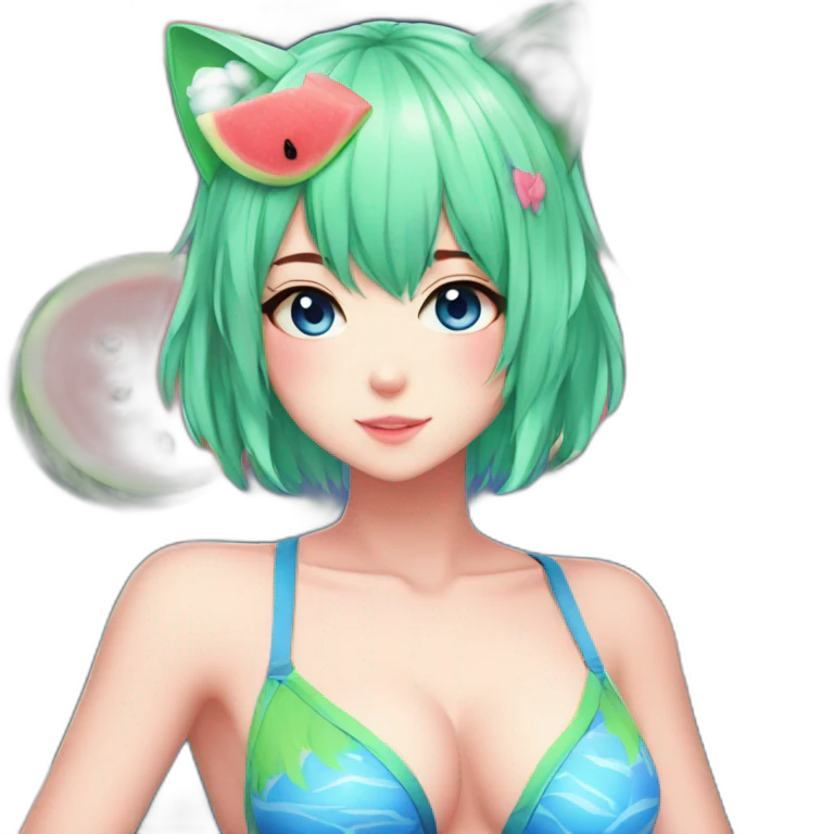 anime hot catgirl egirl pink hair blue eyes swim suit watermelon emoji