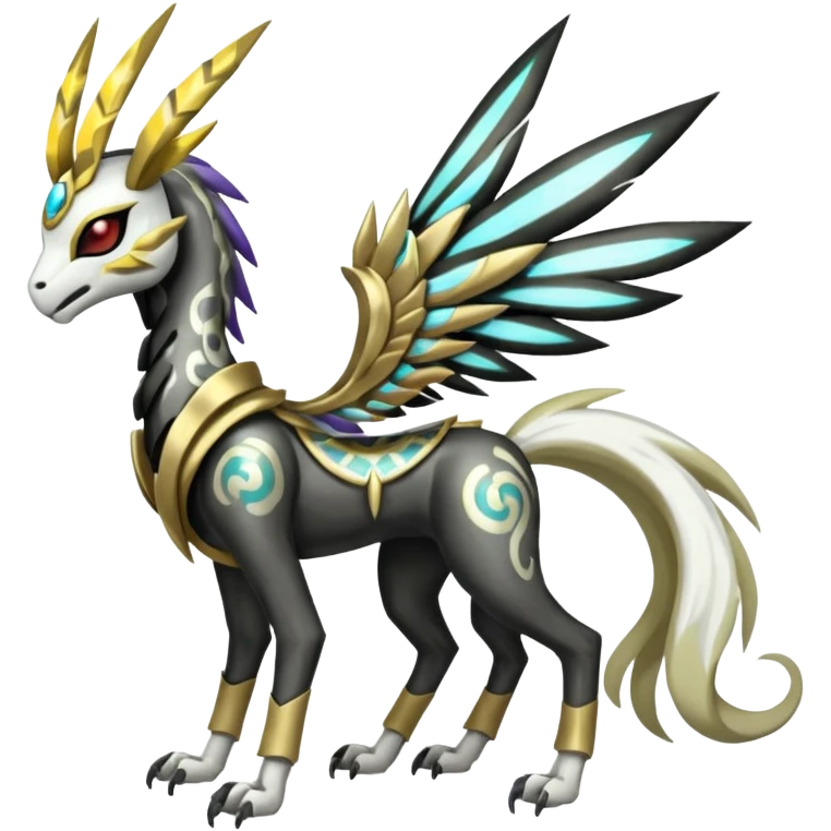 Colorful Shiny Tribal Skeletal masked armored Meloetta-Silvally-Solgaleo-Raikou-Pokémon-Digimon-Fakémon-fusion-hybrid-creature, full body emoji