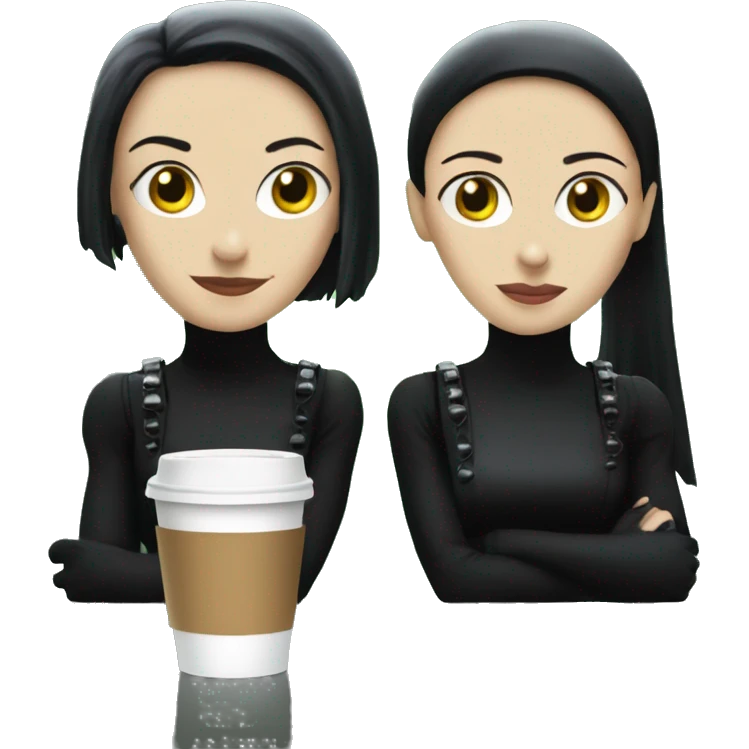 two girls in costumes from the film The Matrix sit with their backs to each other over a cup of coffee and a cigarette emoji