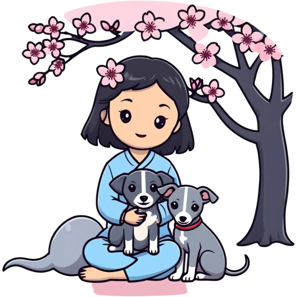 A young Chinese girl with long black hair and a pure grey Italian Greyhound with no white markings sitting under a cherry blossom tree emoji