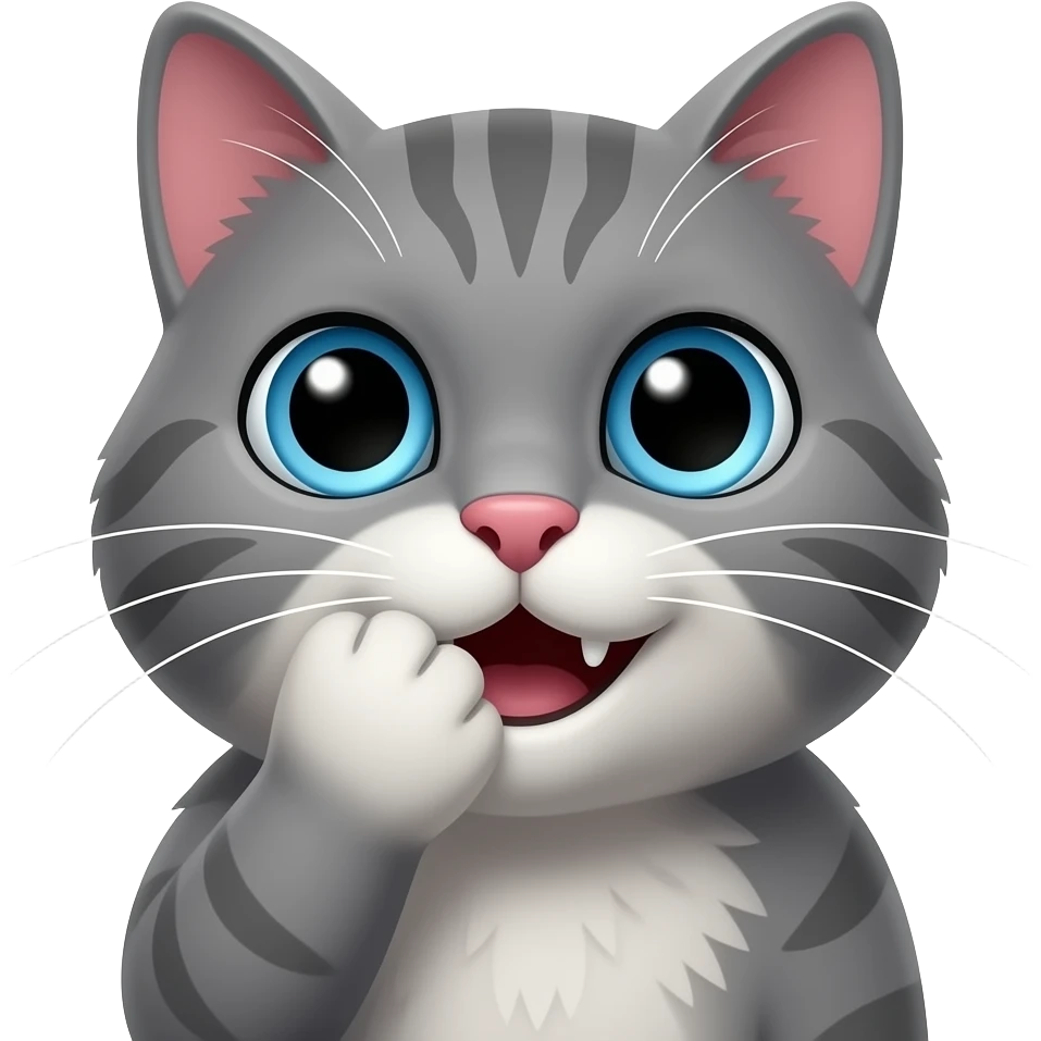 Grey cat smiling oopsie looking up covering its mouth emoji