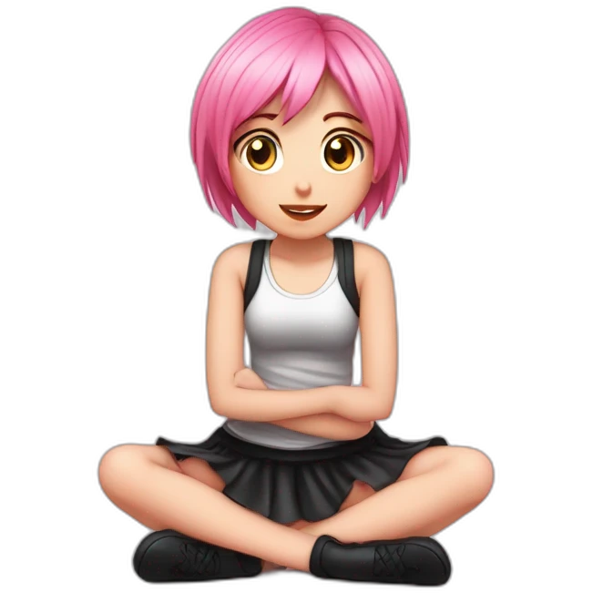 Full body Front view curvy emo girl pink hair sits on the floor straight view hands up black skirt белые трусики полосатые рваные чулки emoji