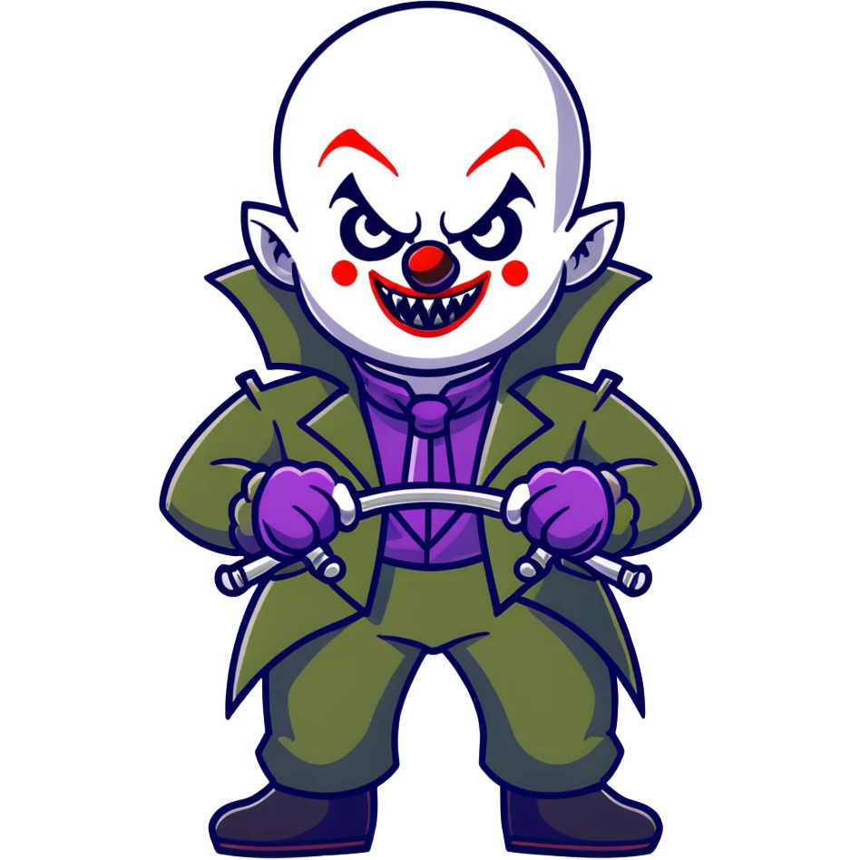 evil clown warrior, bald, small black horns on forehead, fangs, pointed ears, eye patch over one eye, long coat over black and military green leisure suit with bellbottom pants, tail, holding a whip, no knife, realistically proportioned, less bulky, full body visible, battle-ready fighting posture emoji