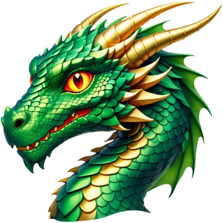Cinematic Noble Dragon Portrait Emoji, Poised and majestic, with a sinuous, elongated body covered in intricately detailed, shimmering scales in hues of emerald and gold, and piercing, fiery eyes that reflect ancient wisdom; rendered with lifelike texture and natural highlights, high shine, intelligent and formidable, styled with an aura of mythic power, focused and attentive, soft glowing outline, capturing the essence of a legendary dragon that appears ready to soar out of the screen with timeless authority! emoji