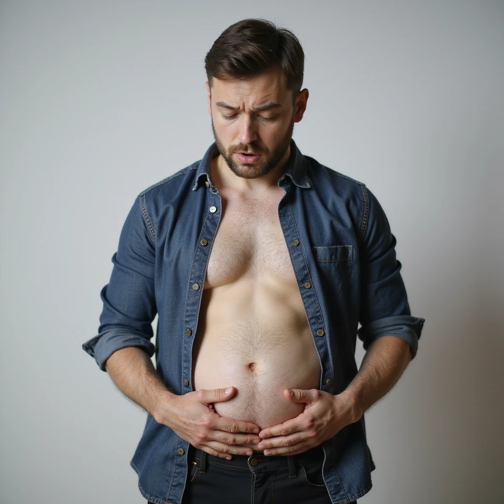 realistic close-up of the face of a 28-year-old man confused while looking at his bloated stomach, neutral background emoji