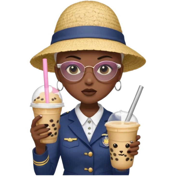 A Angry Teen Female with Dark skin and Bald, wearing a Uniform outfit, a Sunhat, Sunglasses, carrying a Enchanted staff, working as a teacher, while drinking Bubble tea and reading a Comic.
 emoji