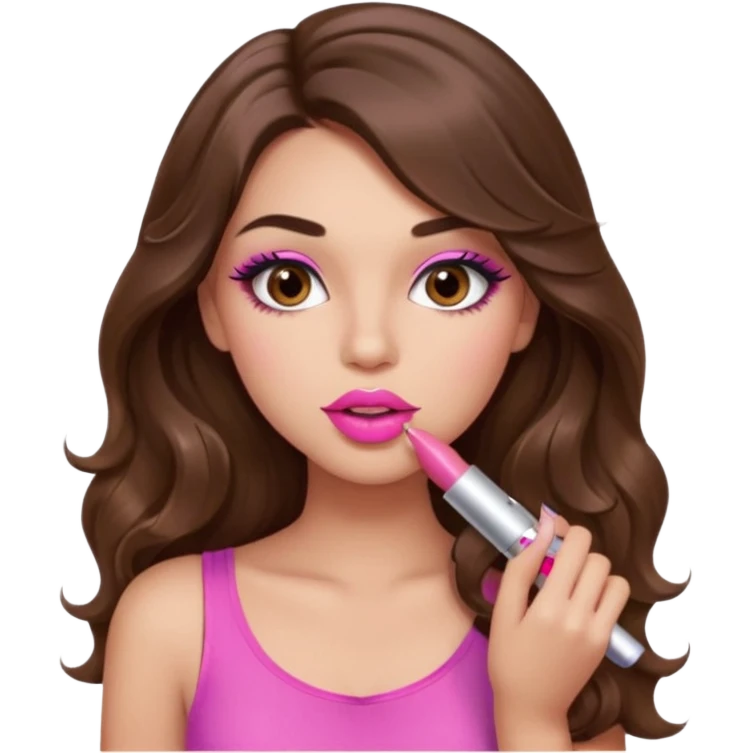 girl with long wavy brown hair, brown eyes, light to medium complexion, in a pink sexy top, pink lips, long lashes, puckered lips, putting on lipstick emoji